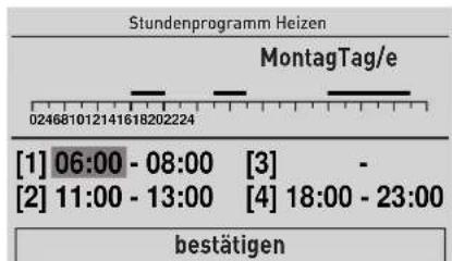 Stundenprogramm Heizen MontagTag/e 024681012141618202224 [1] 06:00 - 08:00 [3] - [2] 11:00 - 13:00 [4] 18:00 - 23:00 bestätigen