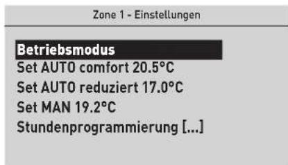 Zone 1 - Einstellungen Betriebsmodus Set AUTO comfort 20.5°C Set AUTO reduziert 17.0°C Set MAN 19.2°C Stundenprogrammierung [...]