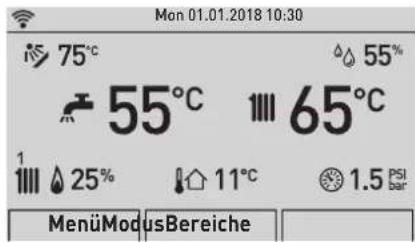 Mon 01.01.2018 10:30 75°C 55% 55°C 65°C 1 25% 11°C 1.5 PSI Bar MenüModusBereiche