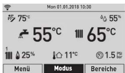 Mon 01.01.2018 10:30 75°C 55°C 65°C 25% 11°C 1.5 PSI bar Menu Modus Bereiche