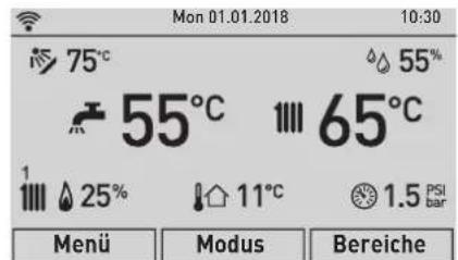 Mon 01.01.2018 10:30 75°C 55% 55°C 65°C 1 25% 11°C 1.5 PSI bar Menü Modus Bereiche