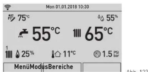 Mon 01.01.2018 10:30 75°C 55% 55°C 65°C 1 25% 11°C 1.5 PSI bar MenüModusBereiche Abb. 123