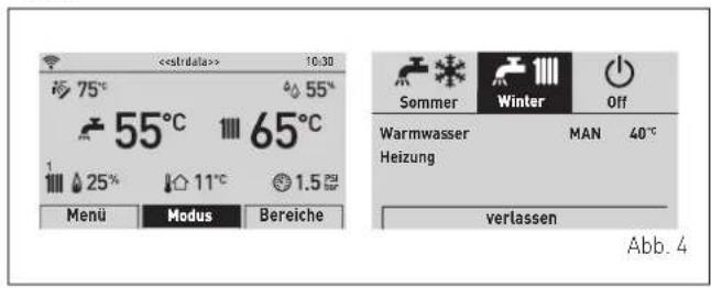 > 10:30 75°C 55° 55°C 65°C 25% 11°C 1.5 PSI Menü Modus Bereiche Sommer Winter Off Warmwasser MAN 40°C Heizung verlassen Abb. 4