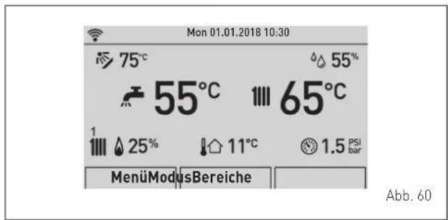 Mon 01.01.2018 10:30 75°C 55°C 65°C 1 25% 11°C 1.5 PSI bar MenüModusBereiche Abb. 60