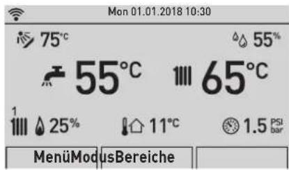 Mon 01.01.2018 10:30 75°C 55% 55°C 65°C 1 25% 11°C 1.5 PSI bar MenüModusBereiche