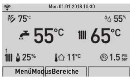 Mon 01.01.2018 10:30 75°C 55% 55°C 65°C 1 25% 11°C 1.5 PSI bar MenüModusBereiche