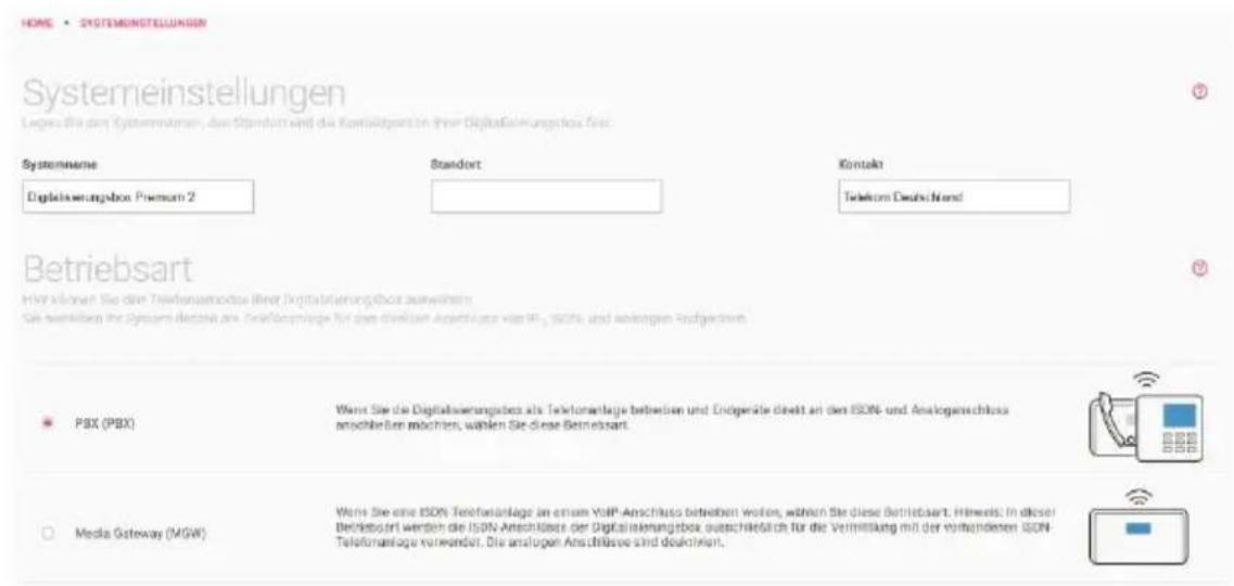 Systemeinstellungen Leges Sie den Systemnänen, den Standort und die Kontrollsperte ihrer Digitalisierungsbos feste: Systemname Digitrisierungsbos Premium 2 Standort Kontakt Telekom Deutschland Betriebsart Hypkämpfen Sie den Tiefensetodeh einer Digitalisierungsbos auswirnlich Gie verwilben der System betzins an. Ergebnisige für das direkten Anschluss von IP1, ISO2 und sonstigen Aufgebnen. PBX (PBX) Wert Sie die Digitalisierungsbos als Telefonanlage betrieben und Einlagen direkt an den ISO2- und Analogenschloss anschleifen möchten, wählen Sie diese Betriebsart. Media Gateway (MGW) Wert Sie eine ISO2 Telefonanlage im einem VoIP Anschluss betrieben werden, wählen Sie diese Betriebsart. Hitweis: In dieser Betriebsart werden die ISO2 Anschlüsses der Digitalisierungsbos ausschließlich für die Vermittlung mit der vorhandenen ISO2 Telefonanlage verwendet. Die anlagen Anschlüsses sind deutschnitt.