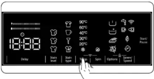 90°C 60°C 40°C 30°C 20°C Start/ Pause 18:08 Delay Stain level Stain type Temp Spin Options Speed+ Save+/- Speed