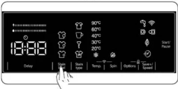 18:00 90°C 60°C 40°C 30°C 20°C Start/ Pause Delay Stain Heat Stain type Temp. Spin Options Save+/- Speed