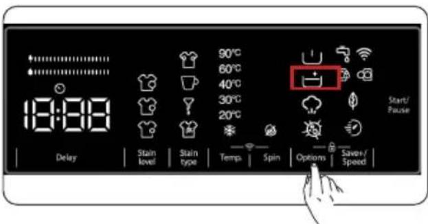 18:00 90°C 60°C 40°C 30°C 20°C Start/ Pause Delay Stain level Stain type Temp. Spin Options Saver/ Speed