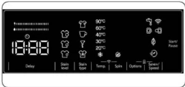 18:00 Delay Stain level Stain type 90°C 60°C 40°C 30°C 20°C Start/ Pause Temp. Spin Options Savers/ Speed