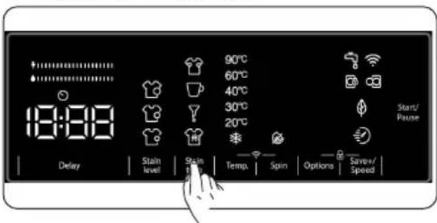 18:00 Delay Stain level Stain time 90°C 60°C 40°C 30°C 20°C Temp. Spin Options Savers/Speed Start/Pause