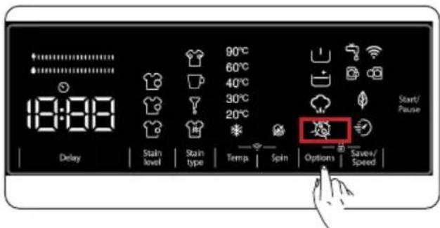 18:00 Delay Stain level Stain type 90°C 60°C 40°C 30°C 20°C Temp Spin Options Save/Speed Start/Pause