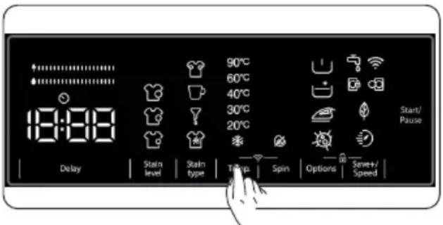 90°C 60°C 40°C 30°C 20°C Start/ Pause 18:08 Delay Stain level Stain type Temp Spin Options Swee+ /Speed