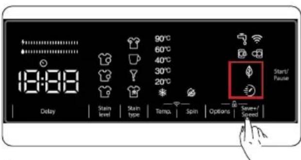 18:00 90°C 60°C 40°C 30°C 20°C Start/ Pause Delay Stain level Stain type Temp. Spin Options Save+ Speed