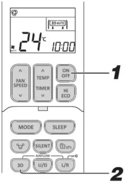 3D AUTO 24°C 10:00 FAN SPEED TEMP TIMER ON OFF Hi ECO MODE SLEEP SILENT AIRFLOW 3D U/D L/R 1 2