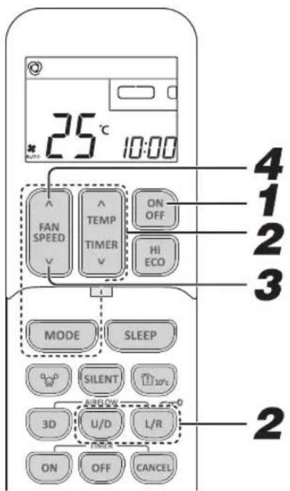 25°C 10:00 FAN SPEED TEMP TIMER ON OFF HI ECO MODE SLEEP SILENT 3D U/D L/R ON OFF CANCEL 4 1 2 3 2