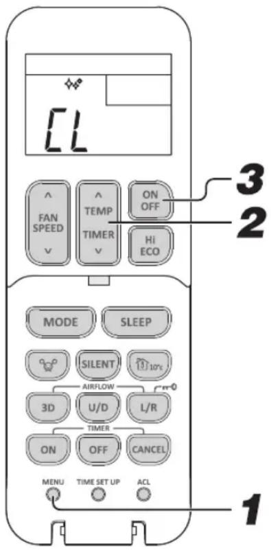 L FAN SPEED TEMP TIMER ON OFF Hi ECO MODE SLEEP SILENT AIRFLOW 3D U/D L/R TIMER ON OFF CANCEL MENU TIME SET UP ACL 1 2 3