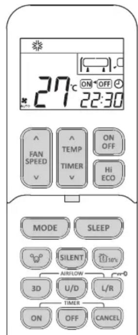 27°C ON OFF 22:30 FAN SPEED TEMP TIMER ON OFF Hi ECO MODE SLEEP SILENT AIRFLOW 3D U/D L/R TIMER ON OFF CANCEL