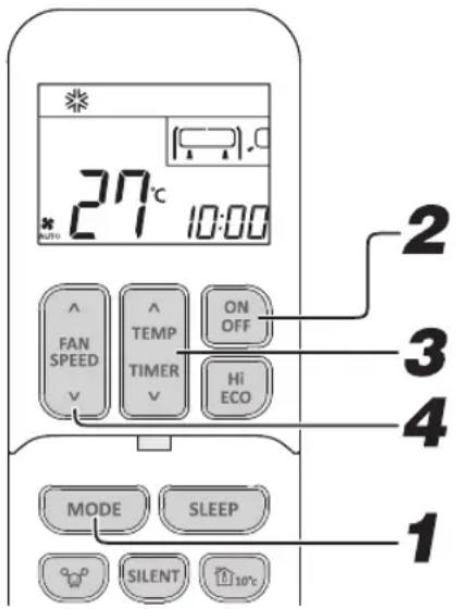27°C 10:00 FAN SPEED TEMP TIMER ON OFF Hi ECO MODE SLEEP SILENT 10°C