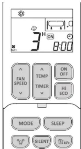 3 H ON 8:00 FAN SPEED TEMP TIMER ON OFF HI ECO MODE SLEEP SILENT 10%