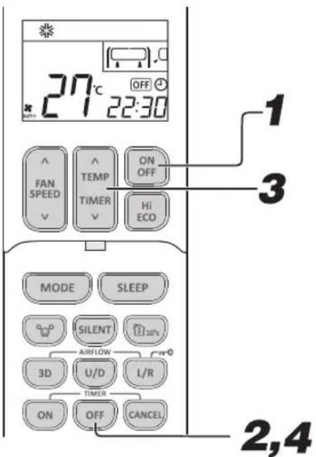 27°C OFF 22:30 FAN SPEED TEMP TIMER ON OFF Hi ECO MODE SLEEP SILENT AIRFLOW 3D U/D L/R TIMER ON OFF CANCEL 1 3 2,4