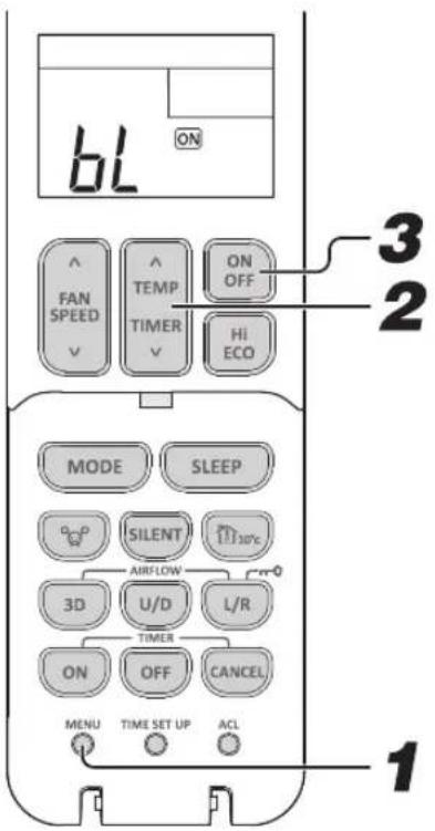 BL ON ^ FAN SPEED ^ TEMP TIMER ON OFF Hi ECO MODE SLEEP SILENT AIRFLOW 3D U/D L/R TIMER ON OFF CANCEL MENU TIME SET UP ACL 1 3 2