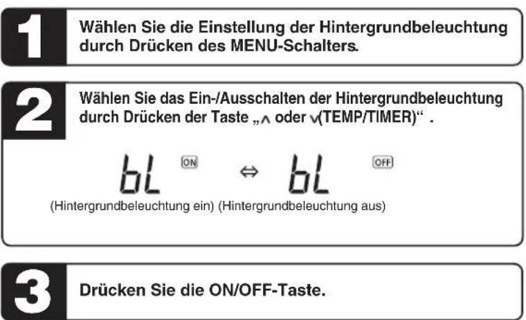 1 Wählen Sie die Einstellung der Hintergrundbeleuchtung durch Drücken des MENU-Schalters. 2 Wählen Sie das Ein-/Ausschalten der Hintergrundbeleuchtung durch Drücken der Taste „^ oder v(TEMP/TIMER)“. BL ON ⇌ BL OFF (Hintergrundbeleuchtung ein) (Hintergrundbeleuchtung aus) 3 Drücken Sie die ON/OFF-Taste.