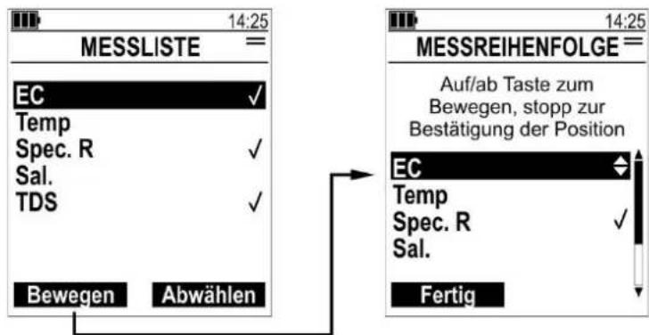14:25 MESSLISTE = EC ✓ Temp Spec. R ✓ Sal. TDS ✓ Bewegen Abwählen 14:25 MESSREIHENFOLGE = Auf/ab Taste zum Bewegen, stopp zur Bestätigung der Position EC ✓ Temp Spec. R ✓ Sal. Fertig