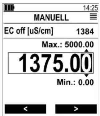 MANUELL EC off [uS/cm] 1384 Max.: 5000.00 1375.00 Min.: 0.00 < >
