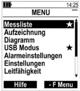 MENU Messliste ★ Aufzeichnung Diagramm USB Modus ★ Alarmeinstellungen Einstellungen Leitfähigkeit Hilfe - F Menu