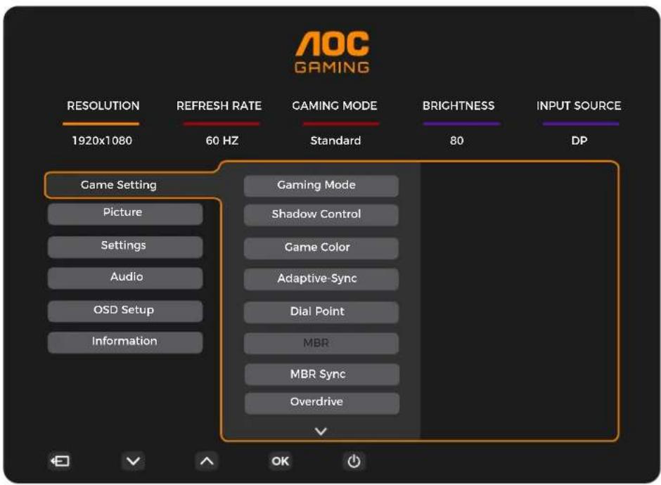 AOC GAMING RESOLUTION 1920x1080 REFRESH RATE 60 HZ GAMING MODE Standard BRIGHTNESS 80 DP Game Setting Picture Settings Audio OSD Setup Information Gaming Mode Shadow Control Game Color Adaptive-Sync Dial Point MBR MBR Sync Overdrive