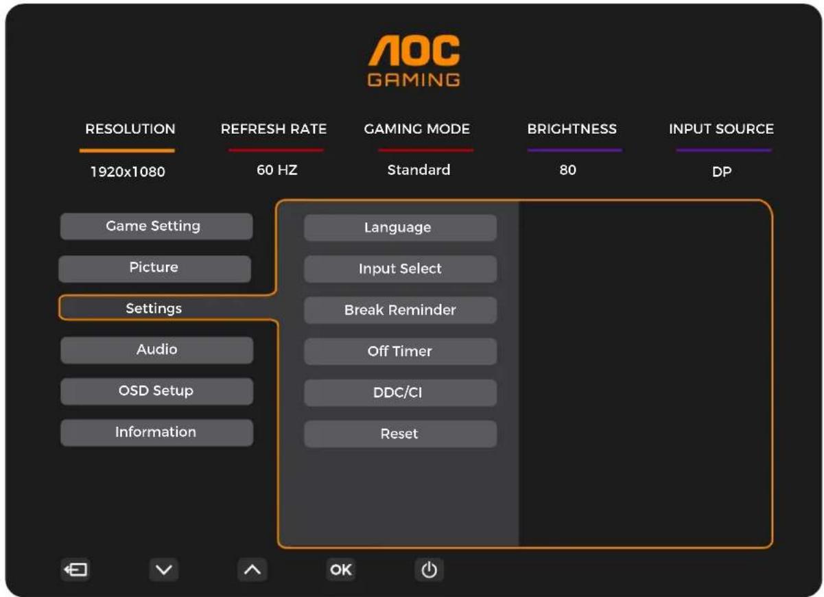 AOC GAMING RESOLUTION 1920x1080 REFRESH RATE 60 HZ GAMING MODE Standard BRIGHTNESS 80 INPUT SOURCE DP Game Setting Picture Settings Audio OSD Setup Information Language Input Select Break Reminder Off Timer DDC/CI Reset