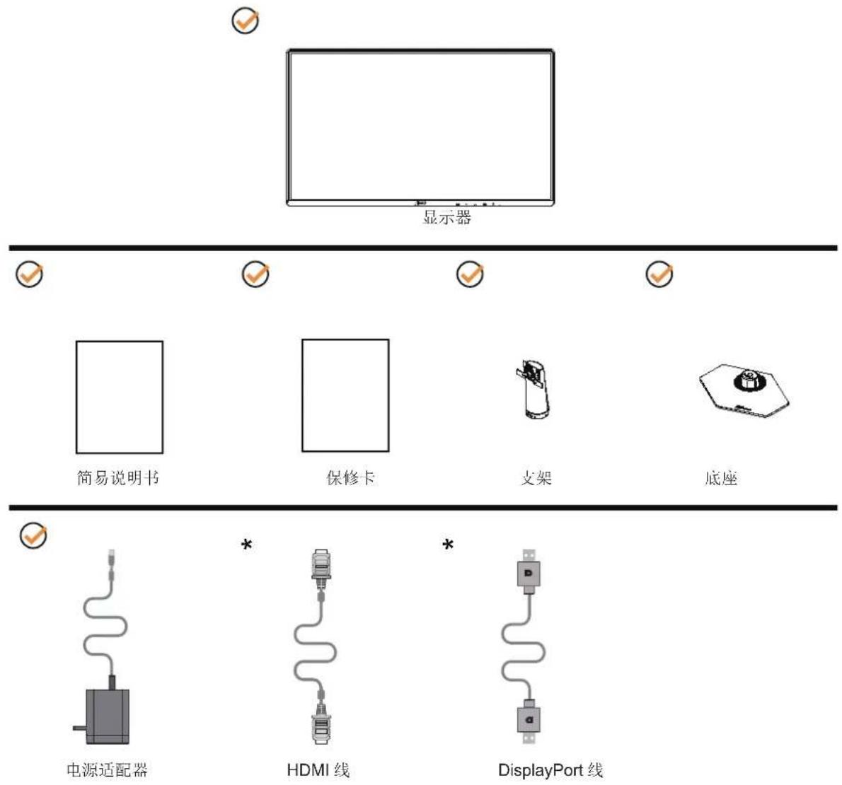 显示器 简易说明书 保修卡 支架 底座 电源适配器 HDMI 线 DisplayPort 线
