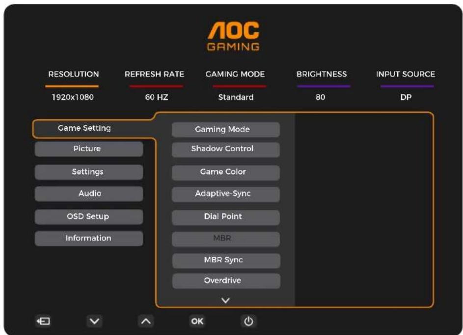 AOC GAMING RESOLUTION 1920x1080 REFRESH RATE 60 HZ GAMING MODE Standard BRIGHTNESS 80 DP Input SOURCE Game Setting Picture Settings Audio OSD Setup Information Gaming Mode Shadow Control Game Color Adaptive-Sync Dial Point MBR MBR Sync Overdrive