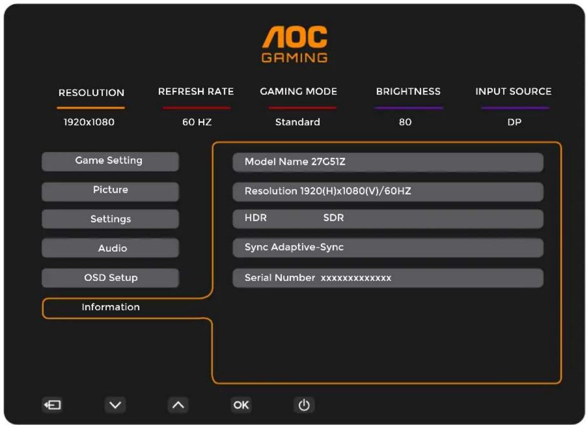 AOC GAMING RESOLUTION 1920x1080 REFRESH RATE 60 HZ GAMING MODE Standard BRIGHTNESS 80 DP Game Setting Picture Settings Audio OSD Setup Information Model Name 27G51Z Resolution 1920(H)x1080(V)/60HZ HDR SDR Sync Adaptive-Sync Serial Number xxxxxxxxxxxxxxxxx