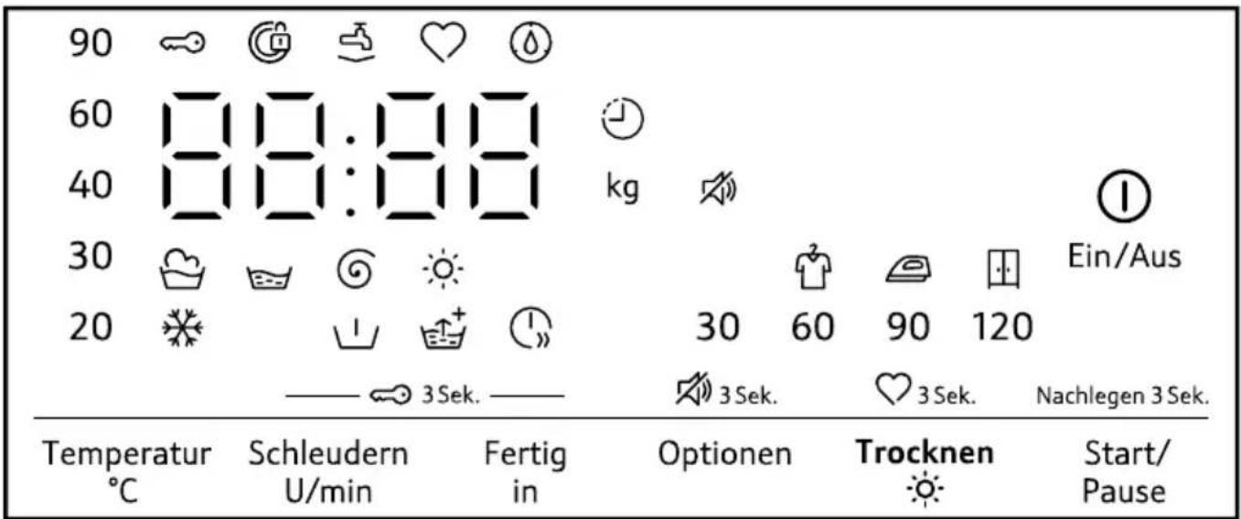 90 60 40 30 20 Ein/Aus 30 60 90 120 3Sek. Nachlegen 3 Sek. Temperatur °C Schleudern U/min Fertig in Optionen Trocknen Start/ Pause