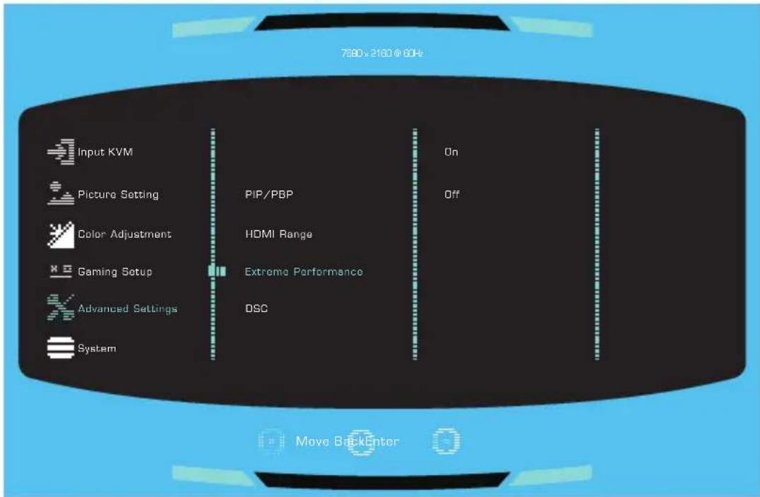 7580 x 2160 @ 60Hz Input KVM Picture Setting Color Adjustment Gaming Setup Advanced Settings System PIP/PBP HDMI Range Extreme Performance DSC On Off Move BackEnter