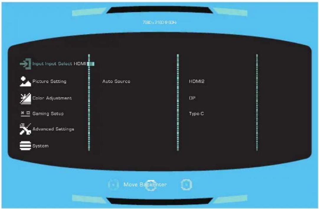 7580 x 2160 @ 60Hz Input Input Select HDMI Picture Setting Auto Source HOMI2 Color Adjustment DP Gaming Setup Type-C Advanced Settings System Move BackEnter