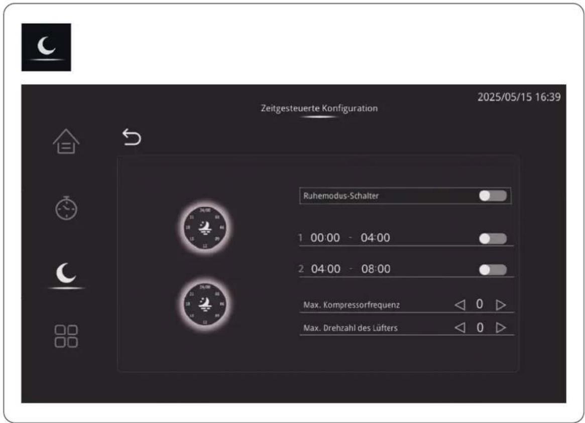 Zeitgesteuerte Konfiguration 2025/05/15 16:39 Ruhemodus-Schalter 1 00:00 - 04:00 2 04:00 - 08:00 Max. Kompressorfrequenz < 0 ▷ Max. Drehzahl des Lüfters < 0 ▷