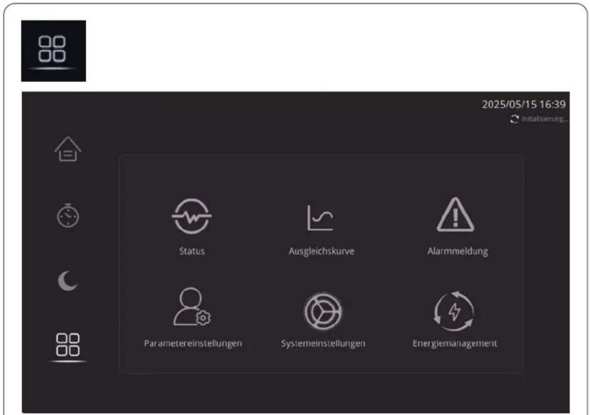 2025/05/15 16:39 Initialsierung... Status Ausgleichskurve Alarmmeldung Parametereinstellungen Systemeinstellungen Energiemanagement