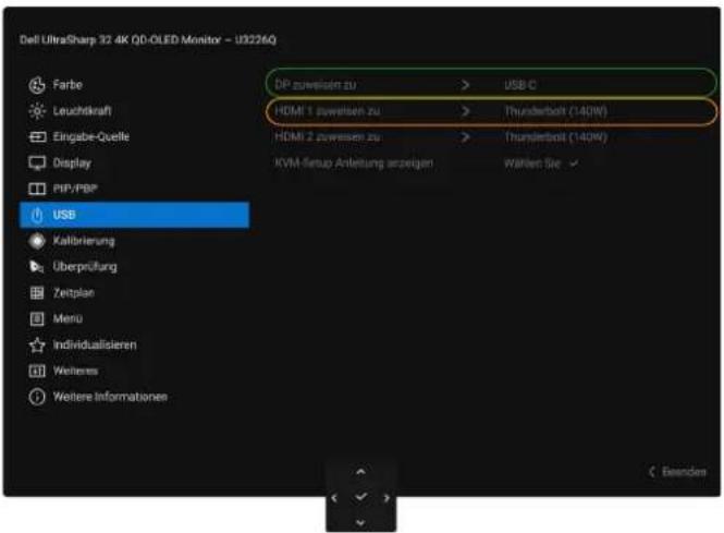 Dell UltraSharp 32 4K QD-OLED Monitor - U3226Q Farbe Leuchtkraft Eingabe-Quelle Display PUP/PBP USB Kalibrierung Überprüfung Zeitplan Menu Individualisieren Weiteres Weitere Informationen DP zuweisen zu > USB C HDMI 1 zuweisen zu > Thunderbolt (140W) HDMI 2 zuweisen zu > Thunderbolt (140W) KVM Setup Anleitung anzeigen Watten Sie < Beenden