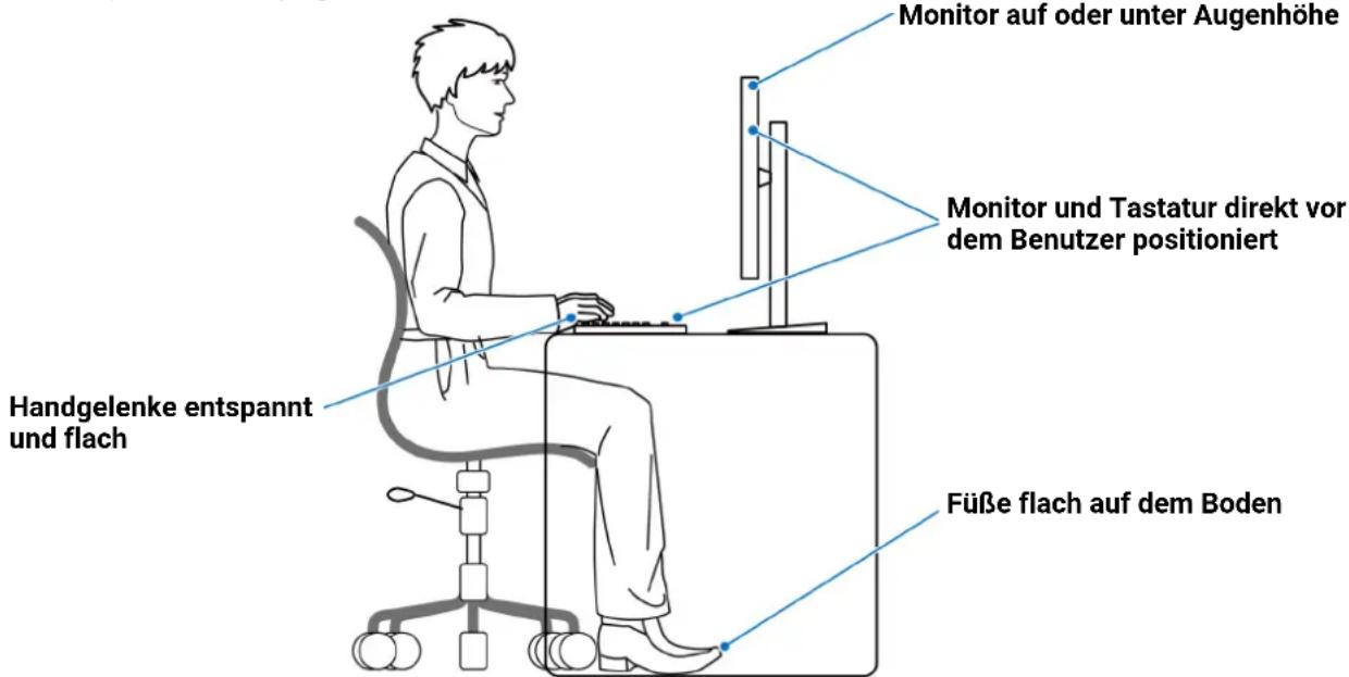 Monitor auf oder unter Augenhöhe Monitor und Tastatur direkt vor dem Benutzer positioniert Handgelenke entspannt und flach Füße flach auf dem Boden