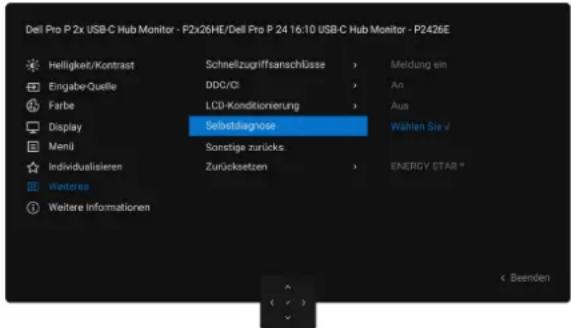 Dell Pro P.2x USB-C Hub Monitor - P2x26HE/Dell Pro P.24 16:10 USB-C Hub Monitor - P2426E Helligkeit/Kontrast Eingabe-Quelle Farbe Display Menil Individualisieren Weitere Weitere Informationen Schnellzugriffsanschlüsse DDC/CI LCD-Konditionierung Selbstdiagnose Sonstige zurücks. Zurücksetzen Meldung ein An Aus Wählen Sie v ENERGY STAR * < Beenden