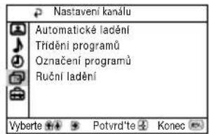 Nastavení kanálu Automatické ladění Třídění programů Označení programů Ruční ladění Vyberte Potvrd'te Konec