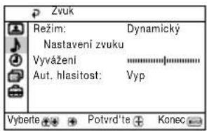 Zvuk Režim: Dynamický Nastavení zvuku Vyvážení Aut. hlasitost: Vyp Vyberte Potvrd'te Konec