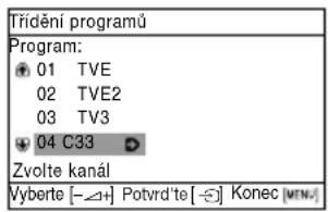 Třídění programů Program: 01 TVE 02 TVE2 03 TV3 04 C33 Zvolte kanál Vyberte [-∠H+] Potvrd'te [- ∈] Konec [MTN-]
