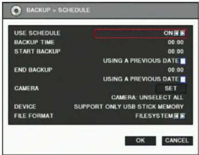 BACKUP > SCHEDULE USE SCHEDULE ON BACKUP TIME 00:00 START BACKUP 00:00 USING A PREVIOUS DATE END BACKUP 00:00 USING A PREVIOUS DATE CAMERA SET CAMERA: UNSELECT ALL DEVICE SUPPORT ONLY USB STICK MEMORY FILE FORMAT FILESYSTEM OK CANCEL