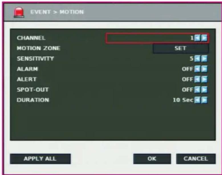 EVENT > MOTION CHANNEL 1 MOTION ZONE SET SENSITIVITY 5 ALARM OFF ALERT OFF SPOT-OUT OFF DURATION 10 Sec APPLY ALL OK CANCEL