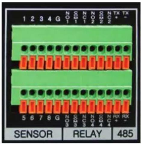 1 2 3 4 G NO 1 CO 1 N C 1 NO 2 CO 2 N C 2 TX + TX - 5 6 7 8 G NO 3 CO 3 N C 3 NO 4 CO 4 N C 4 RX + RX - SENSOR RELAY 485